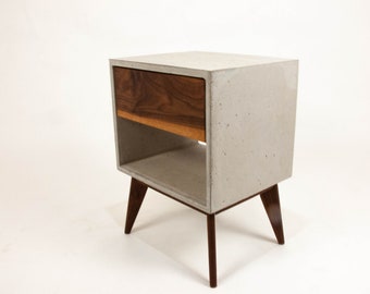 The Straight Tall Dwarf - Concrete Cube & Solid Straight Edge Walnut Drawer Nightstand