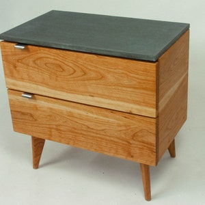 Marissa Blossom - Two Drawers, Solid Cherry Wood, Concrete Top, Bed Side Table, Mid-Century Modern Nightstand , Scandinavian Style