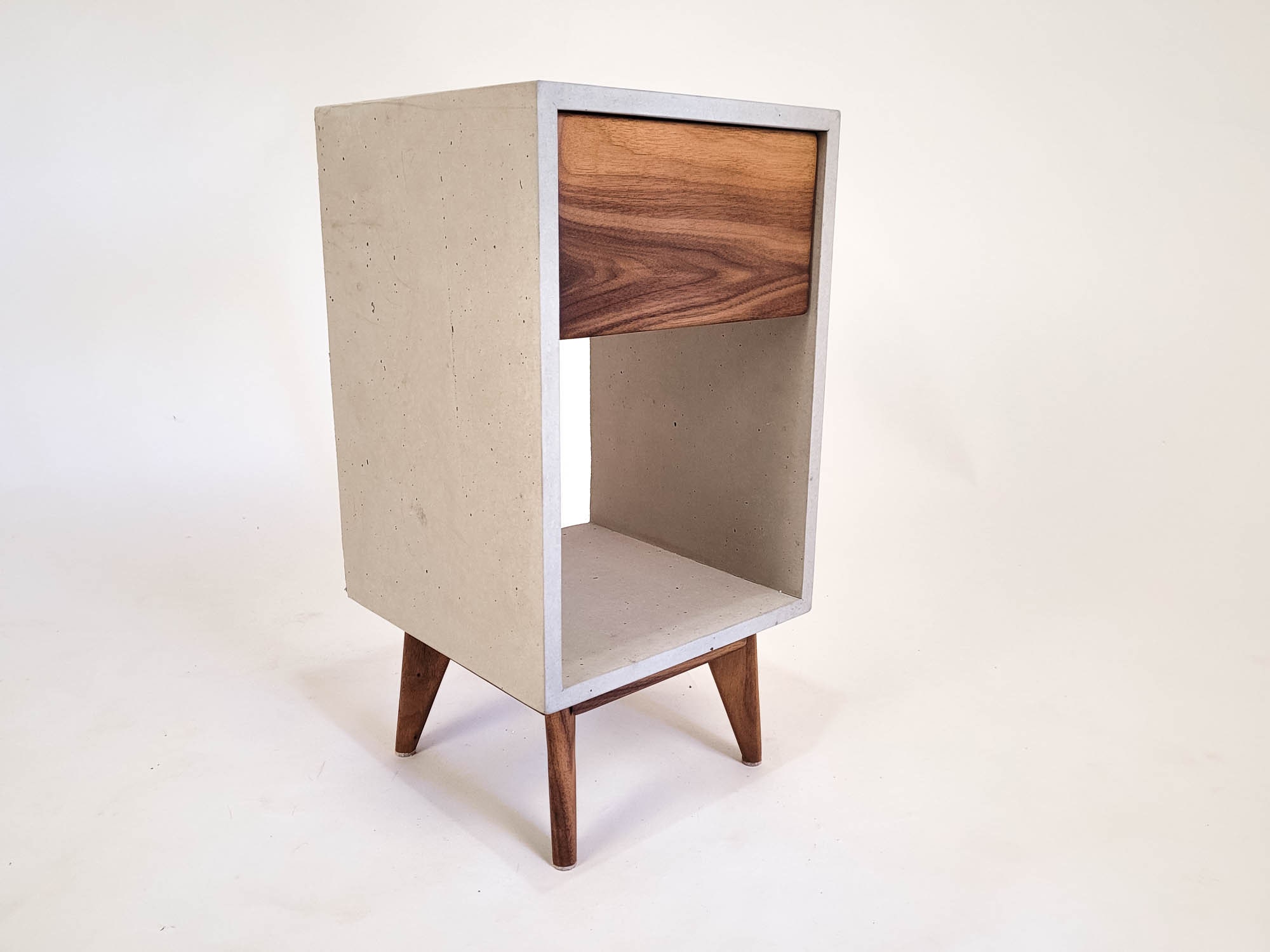 ？ Concrete Cube Nightstand: Black Walnut Drawer, Mid-century