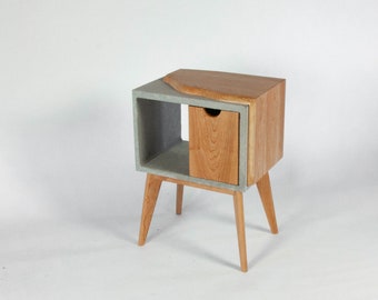 Half'n Half - Concrete & Live Edge Cherry Wood with Drawer Mid-Century Nightstand