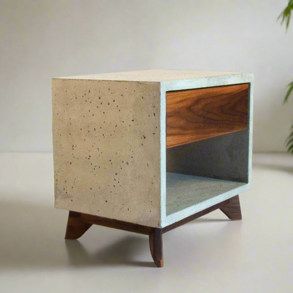 Straight Dwarf - Concrete Cube & Solid Straight Edge Walnut Drawer Nightstand