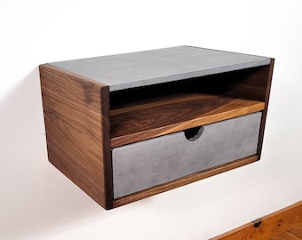 Aby Cloud  Dark - Floating Black Walnut Side Table Nightstand with Concrete Shelf n' Drawer