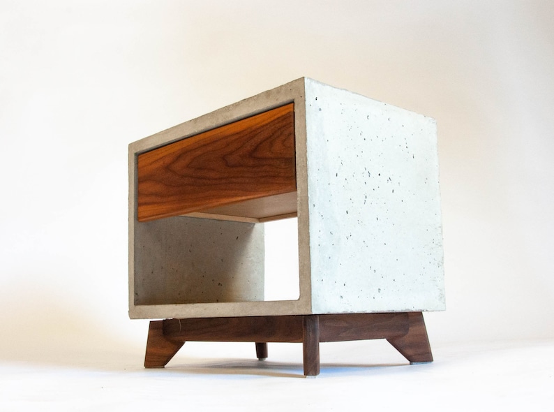 Concrete Solid Black Walnut Bed Side Table Nightstand