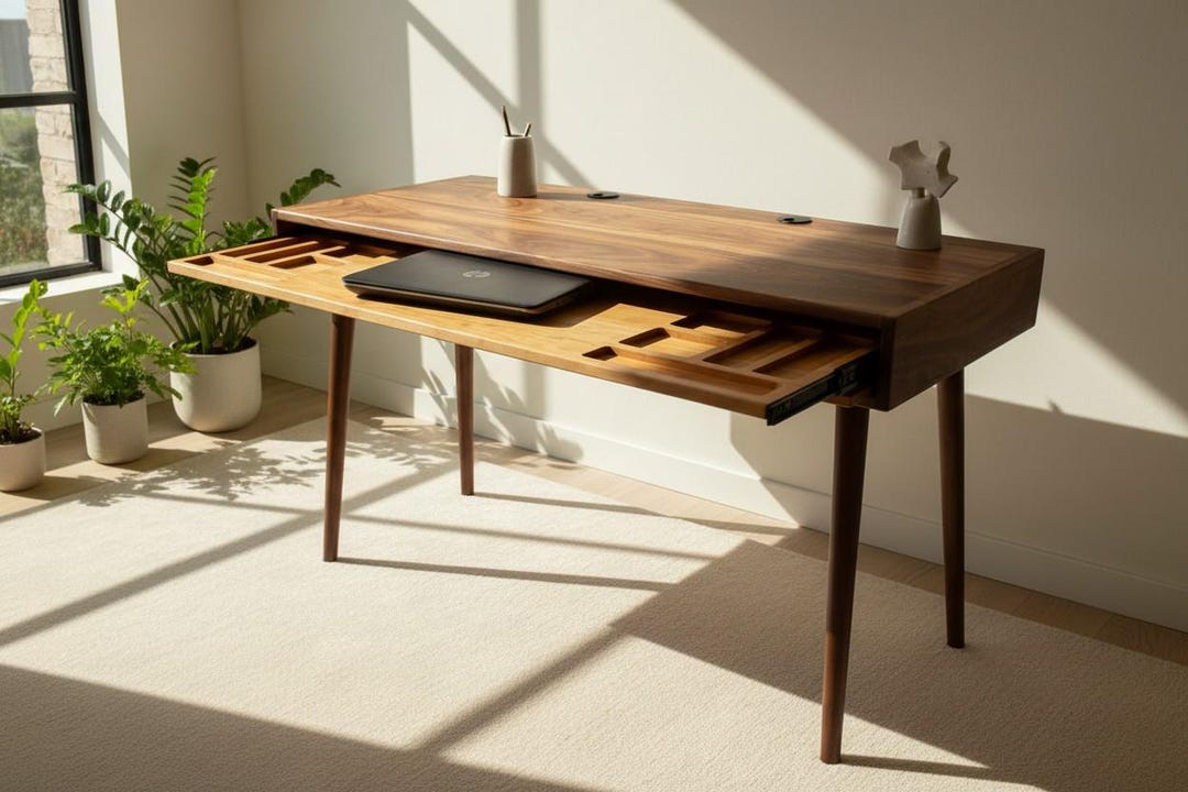 The Roland - Mid-century Modern Black Walnut Office Desk With