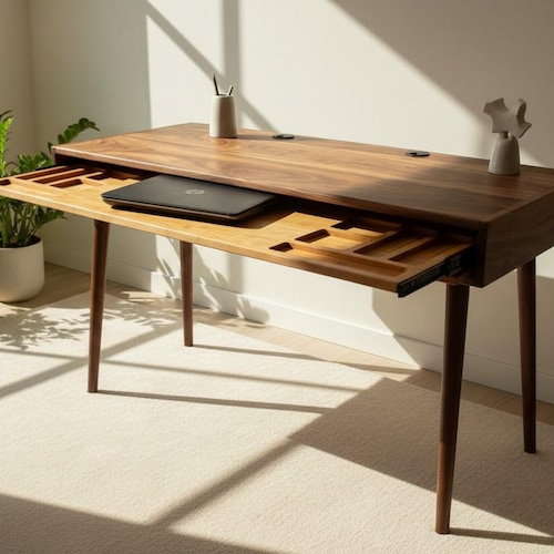 The Roland - Mid-century Modern Black Walnut Office Desk With