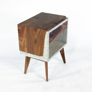 Solid Black Walnut Live Edge,Concrete Cube Mid-Century Nightstand Bed Side Table with Live Edge Wood Drawer