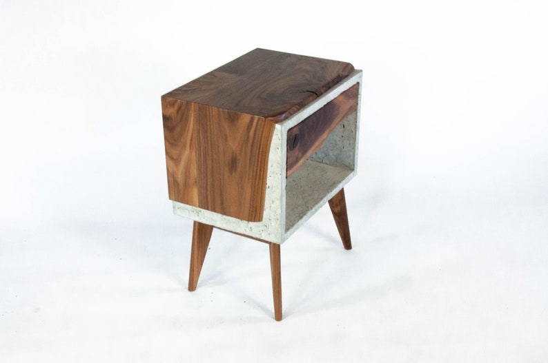 Solid Black Walnut Live Edge,Concrete Cube Mid-Century Nightstand Bed Side Table with Live Edge Wood Drawer