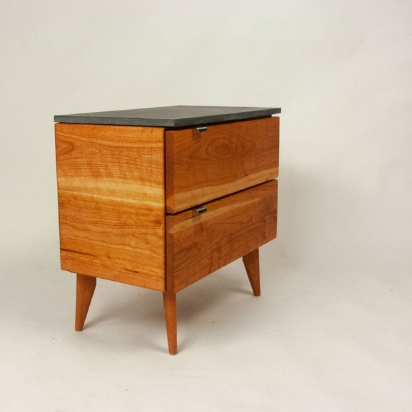 Marissa Blossom - Two Drawers, Solid Cherry Wood, Concrete Top, Bed Side Table, Mid-Century Modern Nightstand , Scandinavian Style