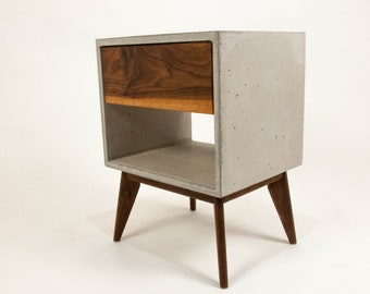 The Straight Tall Dwarf - Concrete Cube & Solid Straight Edge Walnut Drawer Nightstand