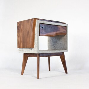 Solid Black Walnut Live Edge,Concrete Cube Mid-Century Nightstand Bed Side Table with Live Edge Wood Drawer