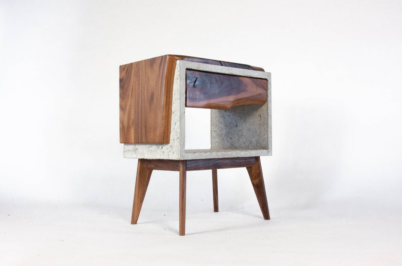 Solid Black Walnut Live Edge,Concrete Cube Mid-Century Nightstand Bed Side Table with Live Edge Wood Drawer