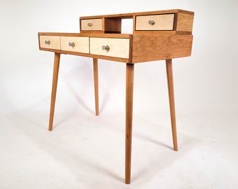 La Huche Blossom - Mid-Century Modern Cherry wood Office Desk with Shelf and Maple Wood Drawers