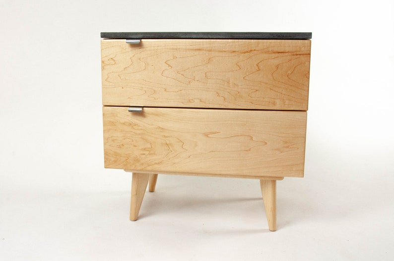 Marissa Blond Two Drawers Maple Wood & Concrete Top Nightstand Bed Side Table image 2