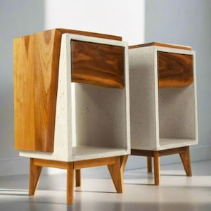 Classic Edge Light - Concrete Box and Live Edge Wood Top / Side Drawer Nightstand