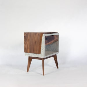 Solid Black Walnut Live Edge,Concrete Cube Mid-Century Nightstand Bed Side Table with Live Edge Wood Drawer