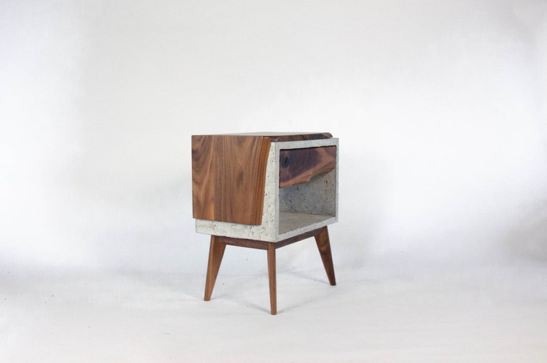 Solid Black Walnut Live Edge,Concrete Cube Mid-Century Nightstand Bed Side Table with Live Edge Wood Drawer
