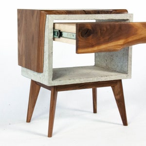 Solid Black Walnut Live Edge Concrete Cube Mid-Century Nightstand Bed Side Table Live Edge Wood Drawer