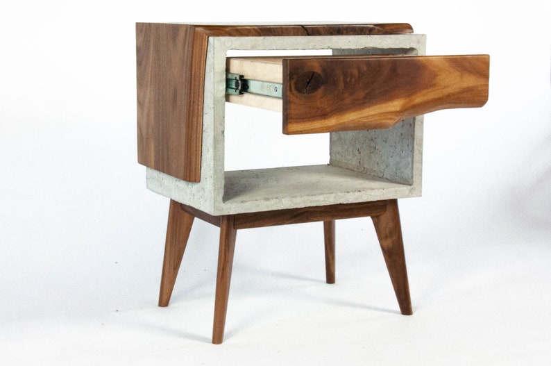 Solid Black Walnut Live Edge Concrete Cube Mid-Century Nightstand Bed Side Table Live Edge Wood Drawer