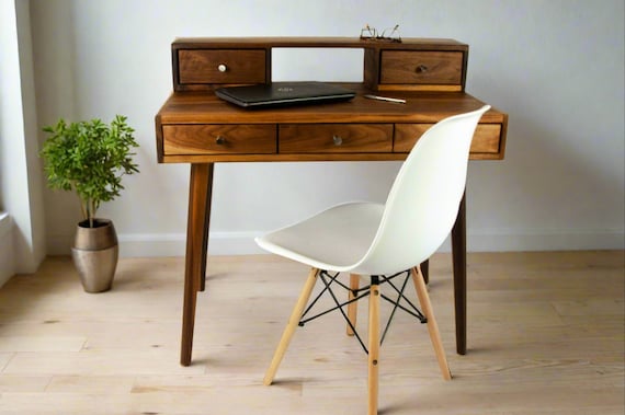 La Huche All Walnut Mid Century Modern Black Walnut Office Desk with Drawers and Shelf Etsy