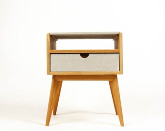 AbySlim Fat - Solid White Oak & Concrete Top Mid-Century Nightstand with Shelf