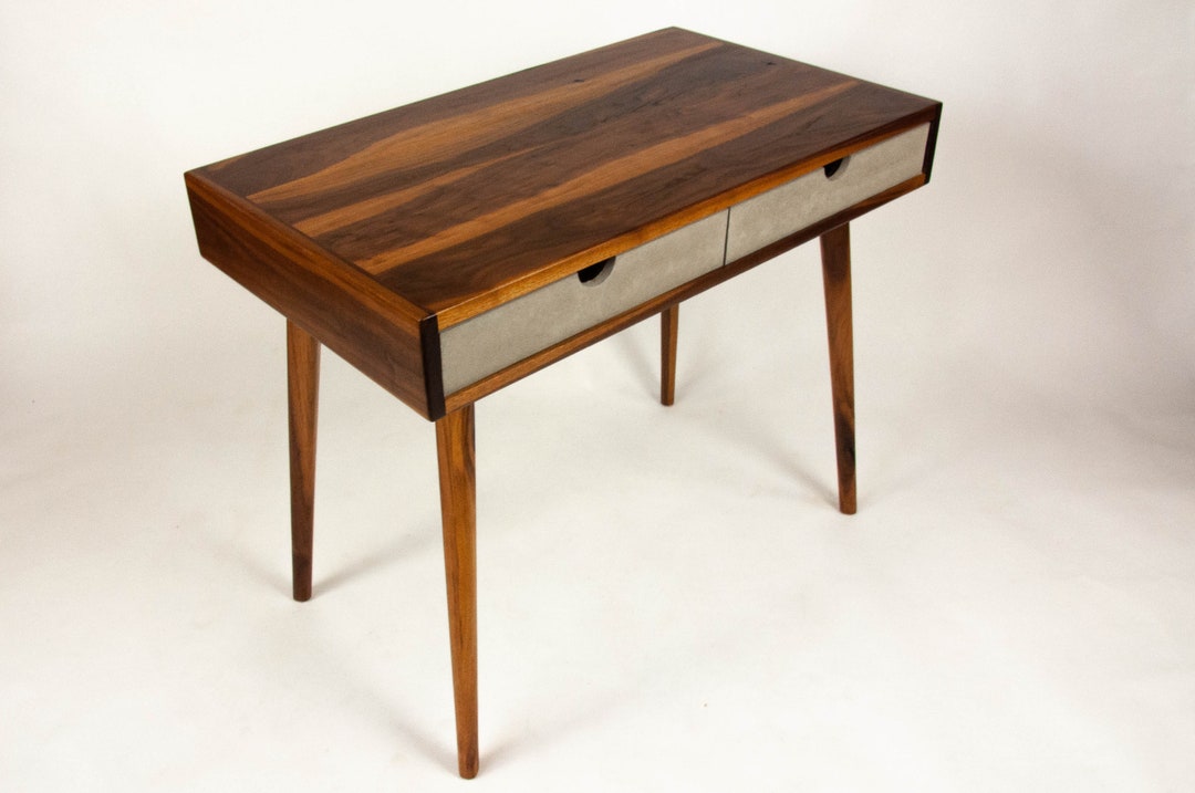 Black Walnut Mid Century Modern Office Desk With Two Light Grey ...