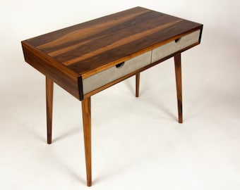 Black Walnut Mid Century Modern Office Desk with Two Light Grey Concrete Drawers