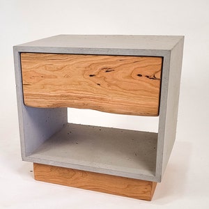 The Base Blossom - Concrete Cube & Solid Cherry Wood Base and Drawer Nightstand Bed Side Table