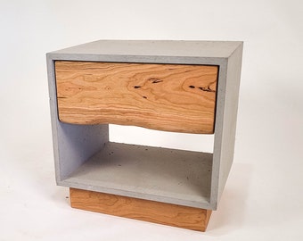 The Base Blossom - Concrete Cube & Solid Cherry Wood Base and Drawer Nightstand Bed Side Table