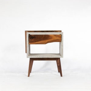 Solid Black Walnut Live Edge,Concrete Cube Mid-Century Nightstand Bed Side Table with Live Edge Wood Drawer