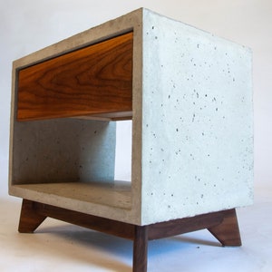Straight Dwarf Concrete Cube & Solid Straight Edge Walnut Drawer Nightstand image 7