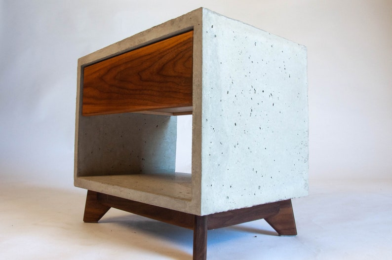 Straight Dwarf Concrete Cube & Solid Straight Edge Walnut Drawer Nightstand image 7