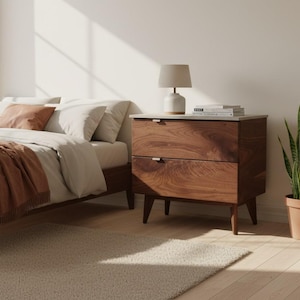 Marissa - Two Drawers Black Walnut Solid Wood and Concrete Top Nightstand Bed Side Table