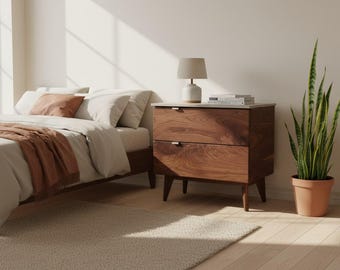 Marissa - Two Drawers Black Walnut Solid Wood and Concrete Top Nightstand Bed Side Table