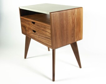 Aby - Two Drawers Black Walnut & Concrete Top Mid-Century Nightstand