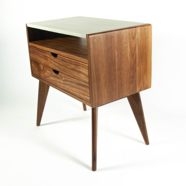 Aby - Two Drawers Black Walnut & Concrete Top Mid-Century Nightstand