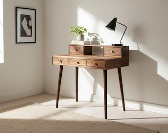 La Huche All Walnut - Mid-Century Modern Black Walnut Office Desk with Drawers and Shelf