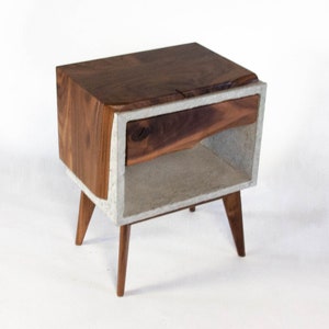 Solid Black Walnut Live Edge,Concrete Cube Mid-Century Nightstand Bed Side Table with Live Edge Wood Drawer