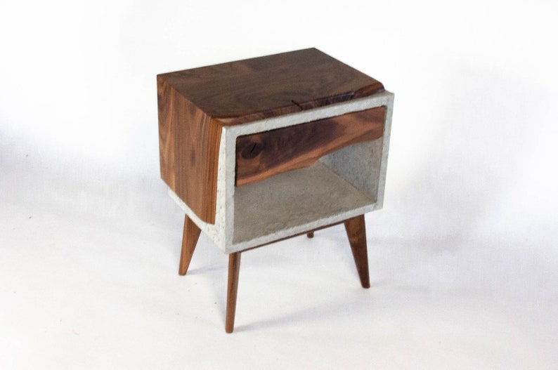 Solid Black Walnut Live Edge,Concrete Cube Mid-Century Nightstand Bed Side Table with Live Edge Wood Drawer