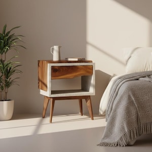 Tall Dwarf - Live Edge Black Walnut Nightstand: Concrete Cube Mid-Century Bedside Table