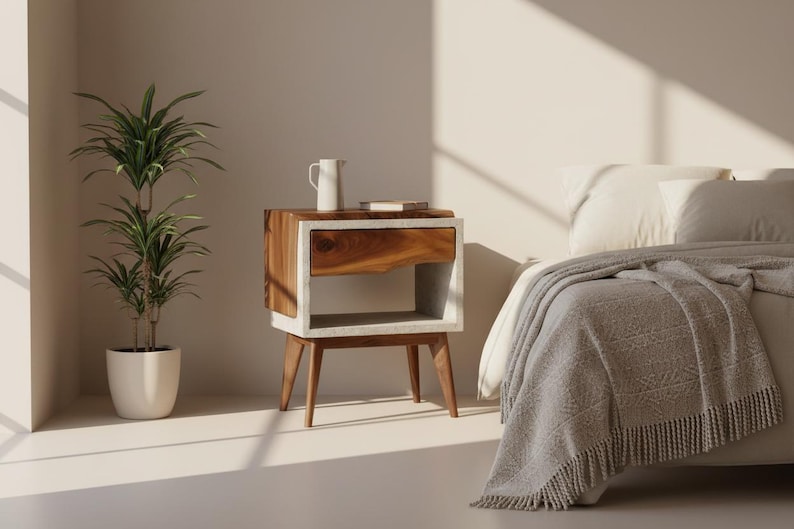 Tall Dwarf - Live Edge Black Walnut Nightstand: Concrete Cube Mid-Century Bedside Table image 1