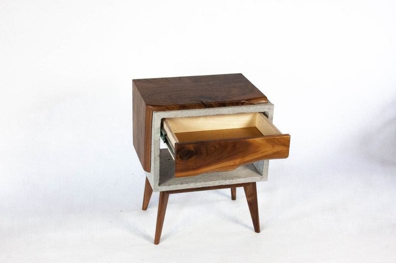 Solid Black Walnut Live Edge,Concrete Cube Mid-Century Nightstand Bed Side Table with Live Edge Wood Drawer