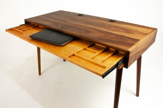 The Roland Mid century Modern Black Walnut Office Desk With Carved