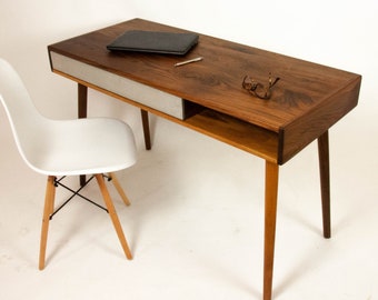 Two Third - Mid-Century Modern Black Walnut Office Desk Concrete Drawers