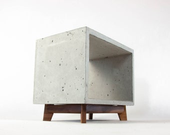 Dwarf - Concrete Cube & Small Solid Wood Legs End Bed Side Table Nightstand