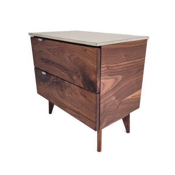 Marissa - Two Drawers Black Walnut Solid Wood and Concrete Top Nightstand Bed Side Table