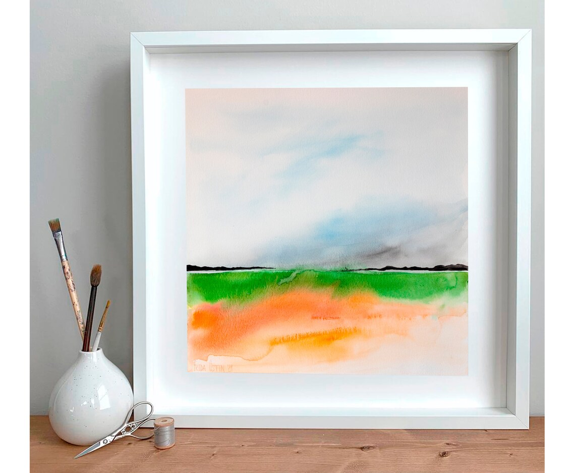 Original watercolor art. Minimalist landscape painting. Etsy