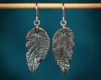 Silver Hydrangea Leaf Earrings, One of a Kind Handmade, Fine Silver Jewelry