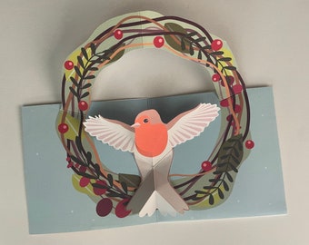 Pop Up 3D Robin & Christmas Wreath Greetings Card! PopUp Handmade Winter