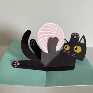 Pop Up 3D Kitten/Cat and String Valentines Day Greeting Card! Birthday Card. PopUp Love Heart Handmade Mum Valentine