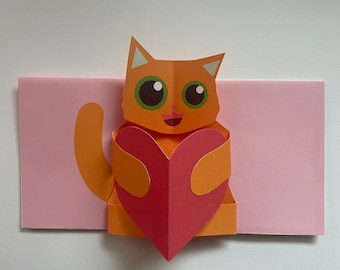 Pop Up 3D Ginger Cat Peaking Over Heart Mother's Day Greeting Card! Birthday Mum Valentine Card. PopUp Love Handmade